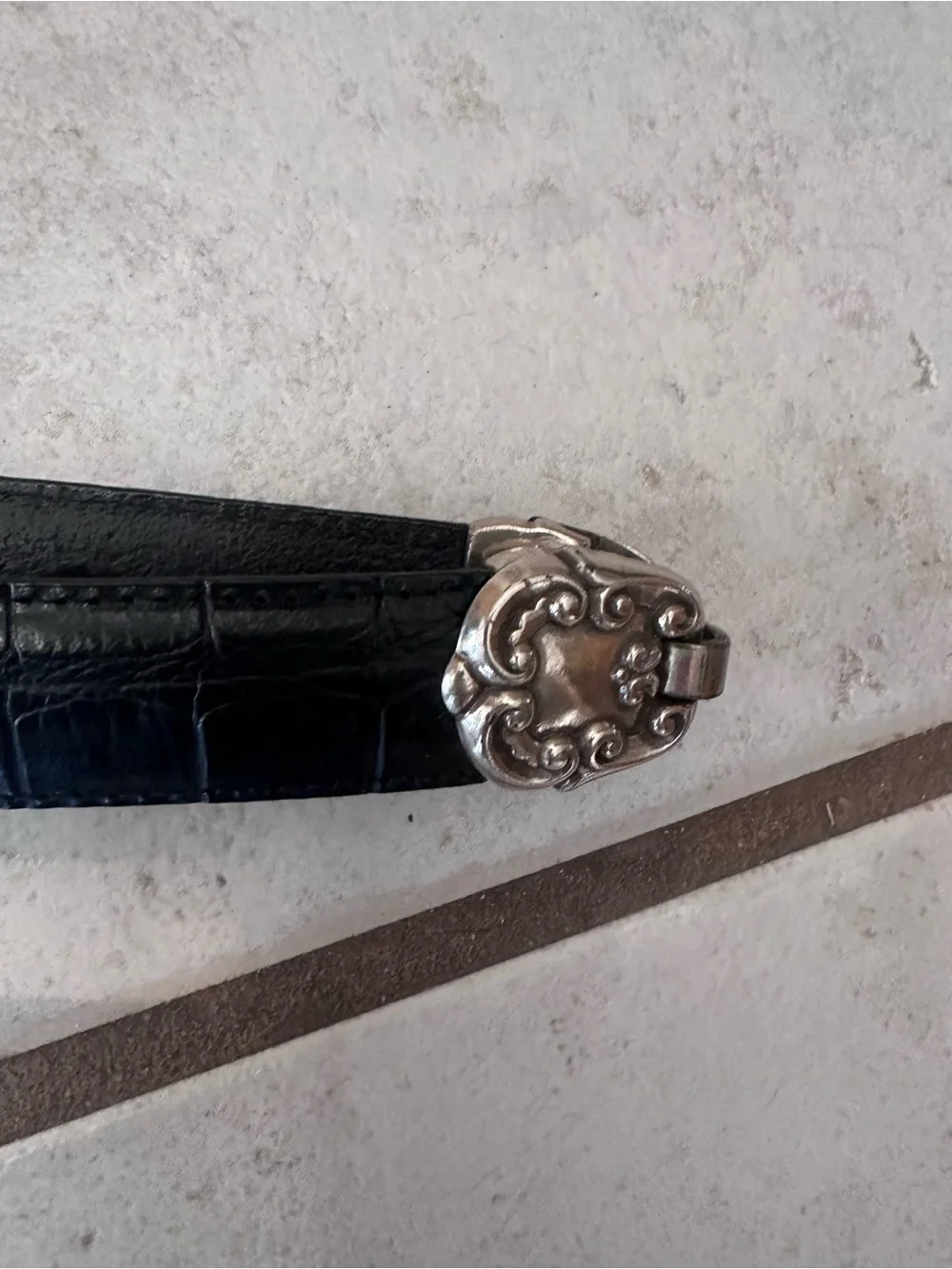 Brighton Vintage Black Leather Belt with Ornate Silver-Tone Buckle